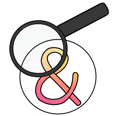 A magnifying glass partly in front of a yellow and pink ampersand in a white circle.